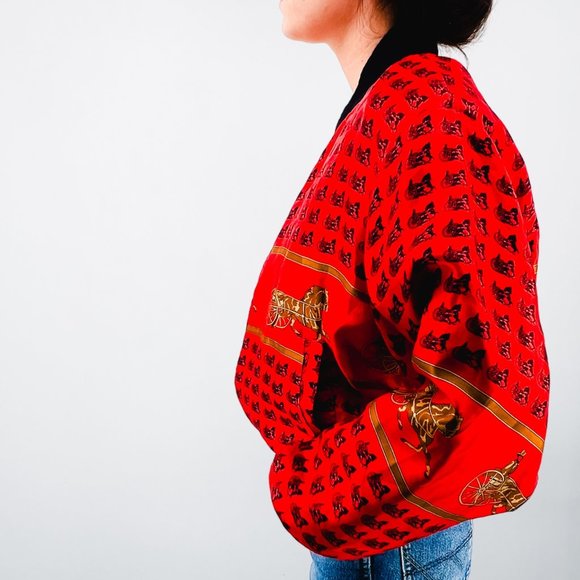 Vintage Red & Black Light Weight Novelty Horse Chariot Bomber Jacket - Size L - Picture 2 of 8